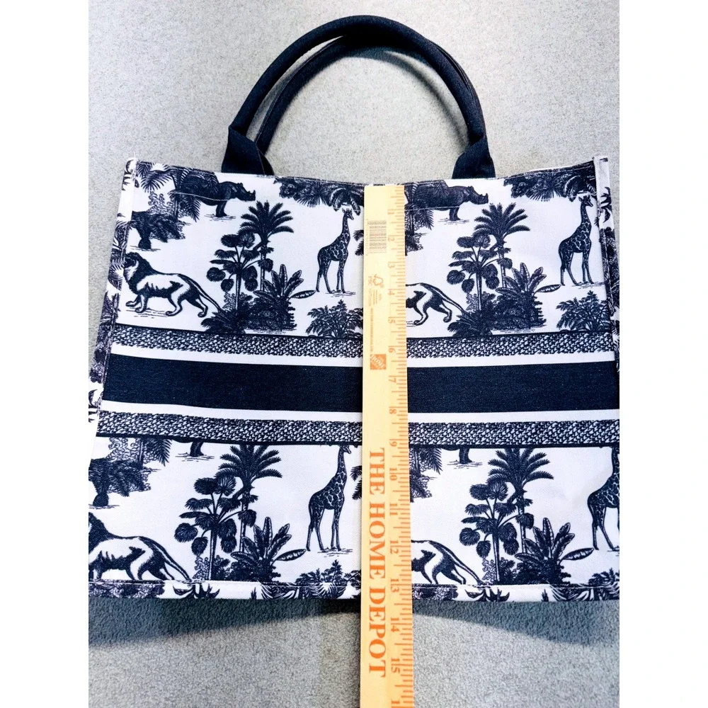 Safari Print Tote Bag Jungle Animal Canvas Tote Navy White Striped Lined Travel